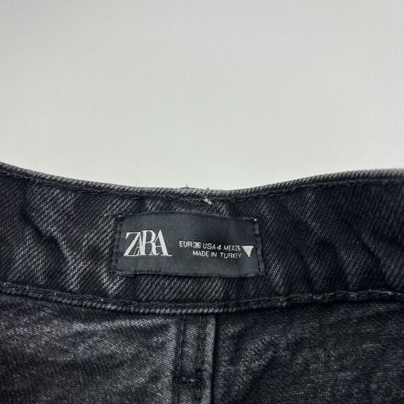 ZARA Wide Leg Raw Hem Jeans Sz 4 Black High Waist Relaxed 100% Cotton Classic - Picture 3 of 10